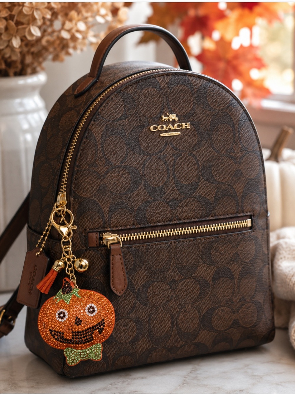 NWT Pumpkin Jack-o-Lantern Rhinestone Encrusted Bling Chunky Bag Charm Keychain
